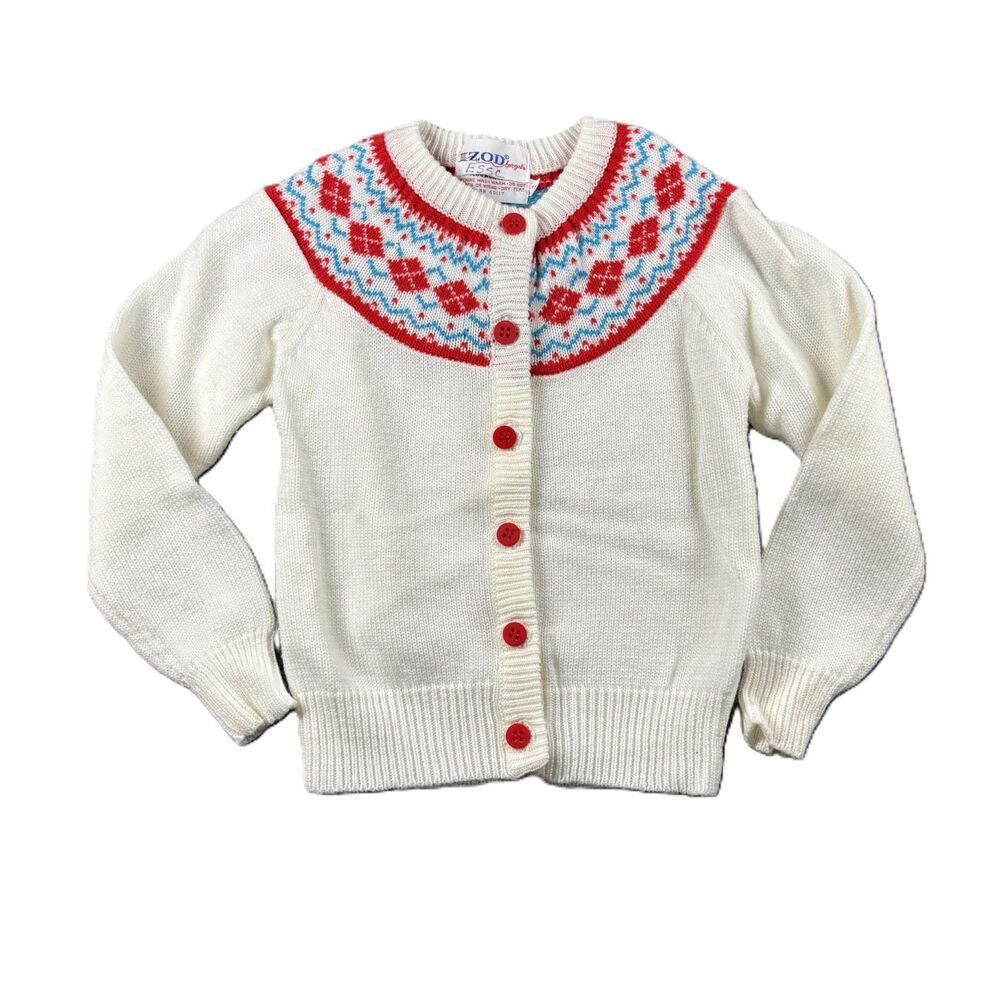 IZOD Girl Fair Isle Cardigan Sweater Vintage 80s Argyle Cream Red Size 6 K170